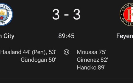 Manchester City Blows 3-0 Lead, Draws 3-3 with Feyenoord