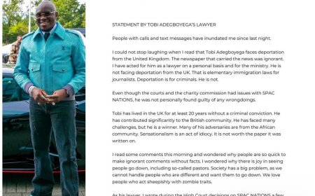 "The claim that Pastor Tobi Adegboyega is facing deportation is fake and false... - Pastor Tobi Adegboyega's lawyer Dele Olawale