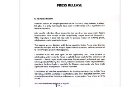 Chief Dr. Chidi Anyaegbu Rejects Title of Mayor of Ndigbo