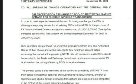 Central Bank of Nigeria Allows Weekly $25,000 Purchases for Bureau de Change Operators