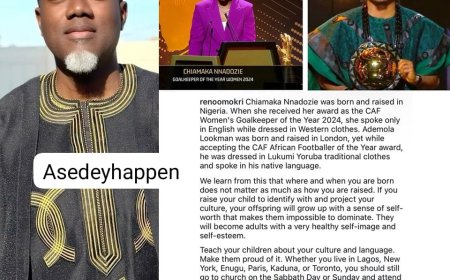 Reno Omokri, a prominent Nigerian politician recently emphasized the importance of teaching African children about their culture and language. His remarks came in the context of a comparison between the outfits of Nigerian footballer Ademola Lookman and goalkeeper Chiamaka Nnadozie at the CAF Awards.