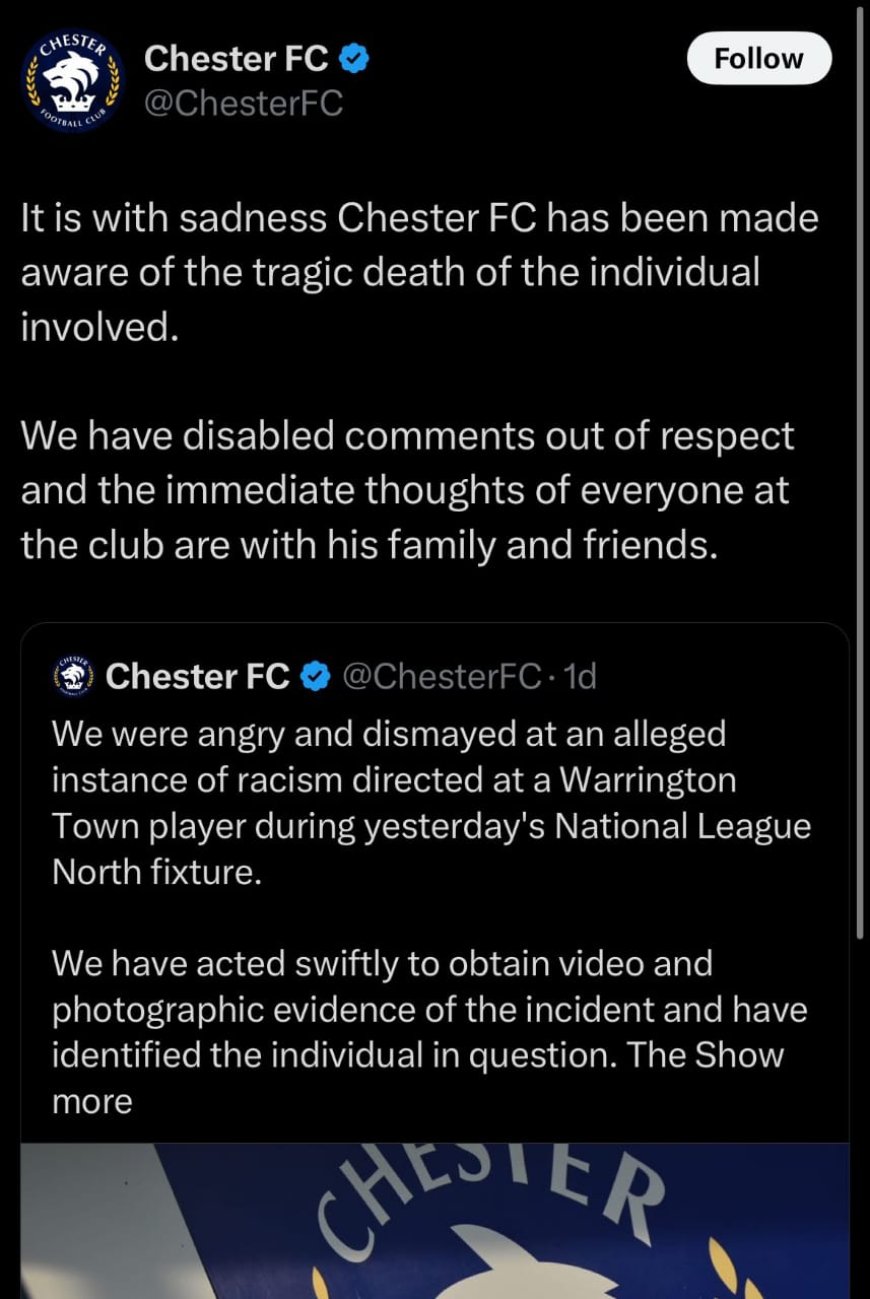 Chester FC Fan Found Dead After Alleged Racist Incident at Match