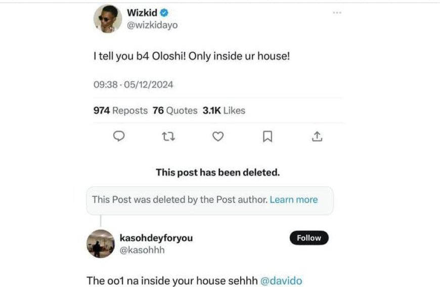 "You Be 001 only inside your house" - Wizkid replies Davidos fan and deletes