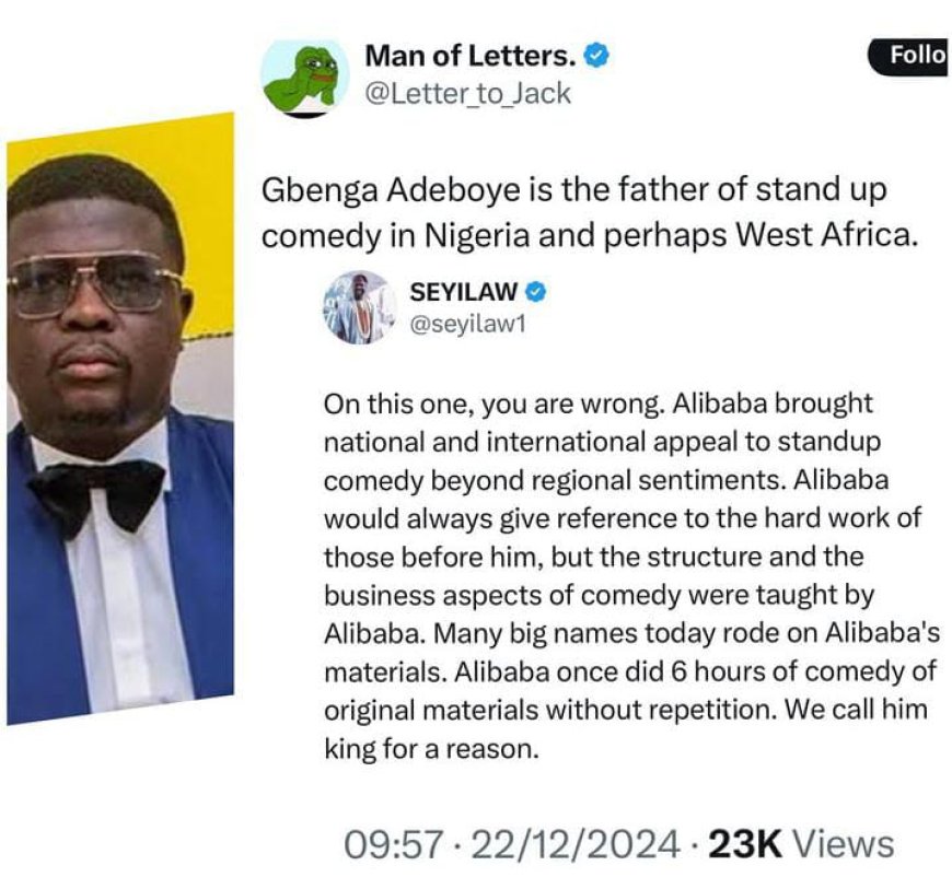 Comedian Seyi Law has taken to social media to address a claim made by an X-user stating that Gbenga Adeboye is the father of stand-up comedy in Nigeria and possibly West Africa