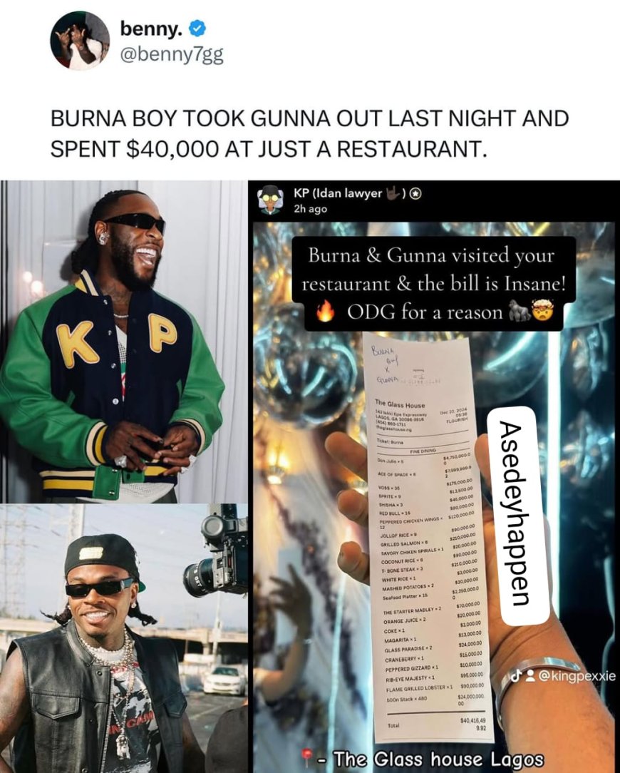 Burna Boy made headlines after taking rapper Gunna out for an extravagant dinner, reportedly spending $40,000 at a restaurant.