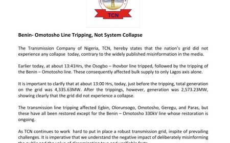 TCN Clarifies Incident Misreported as Grid Collapse