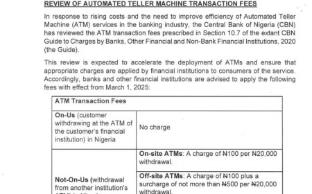 CBN Introduces New ATM Withdrawal Charges Effective March 1, 2025