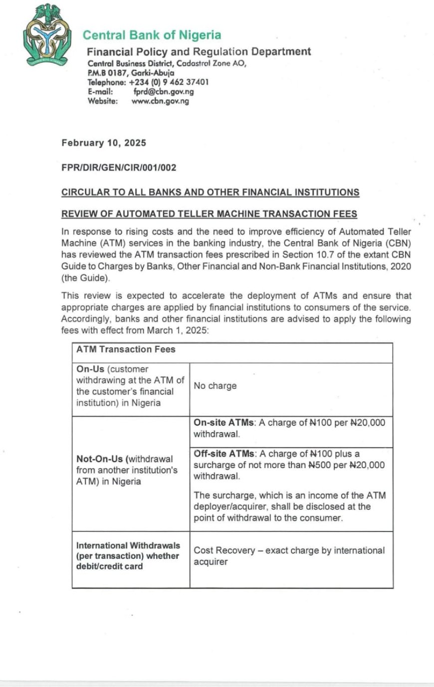 CBN Introduces New ATM Withdrawal Charges Effective March 1, 2025