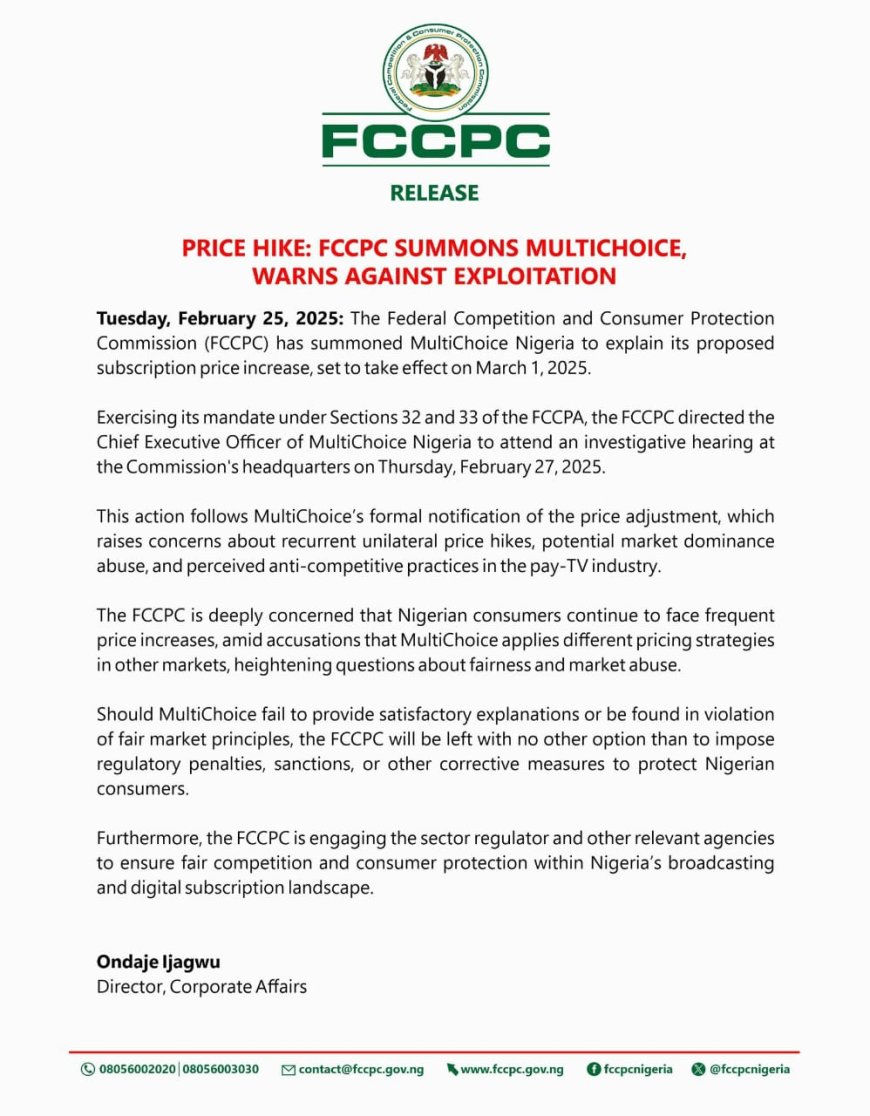 FCCPC Summons MultiChoice Nigeria Over Planned Subscription Price Hike