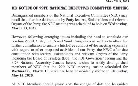 PDP Postpones NEC Meeting to May 15