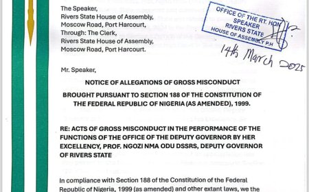 Rivers Political Crisis Deepens as State Assembly Serves Misconduct Notice on Governor Fubara, Deputy