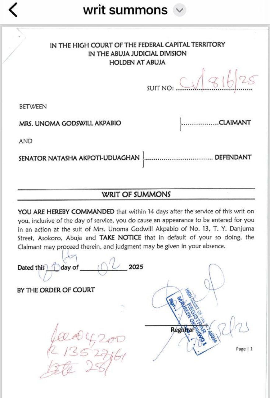 Mrs. Unoma Godswill Akpabio Sues Senator Natasha Akpoti-Uduaghan for N250 Billion in Damages