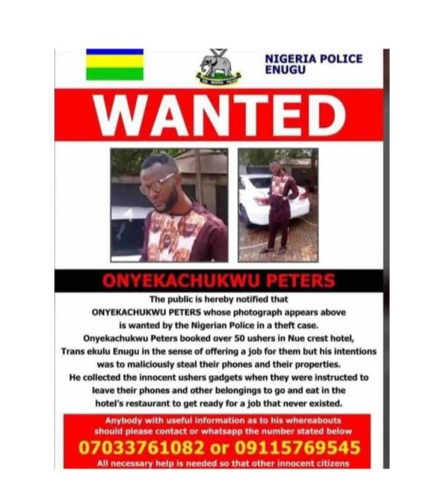 Police Begin Manhunt for Serial Fraudster Who Lures Female Ushers with Fake Jobs, Steals Their Belongings