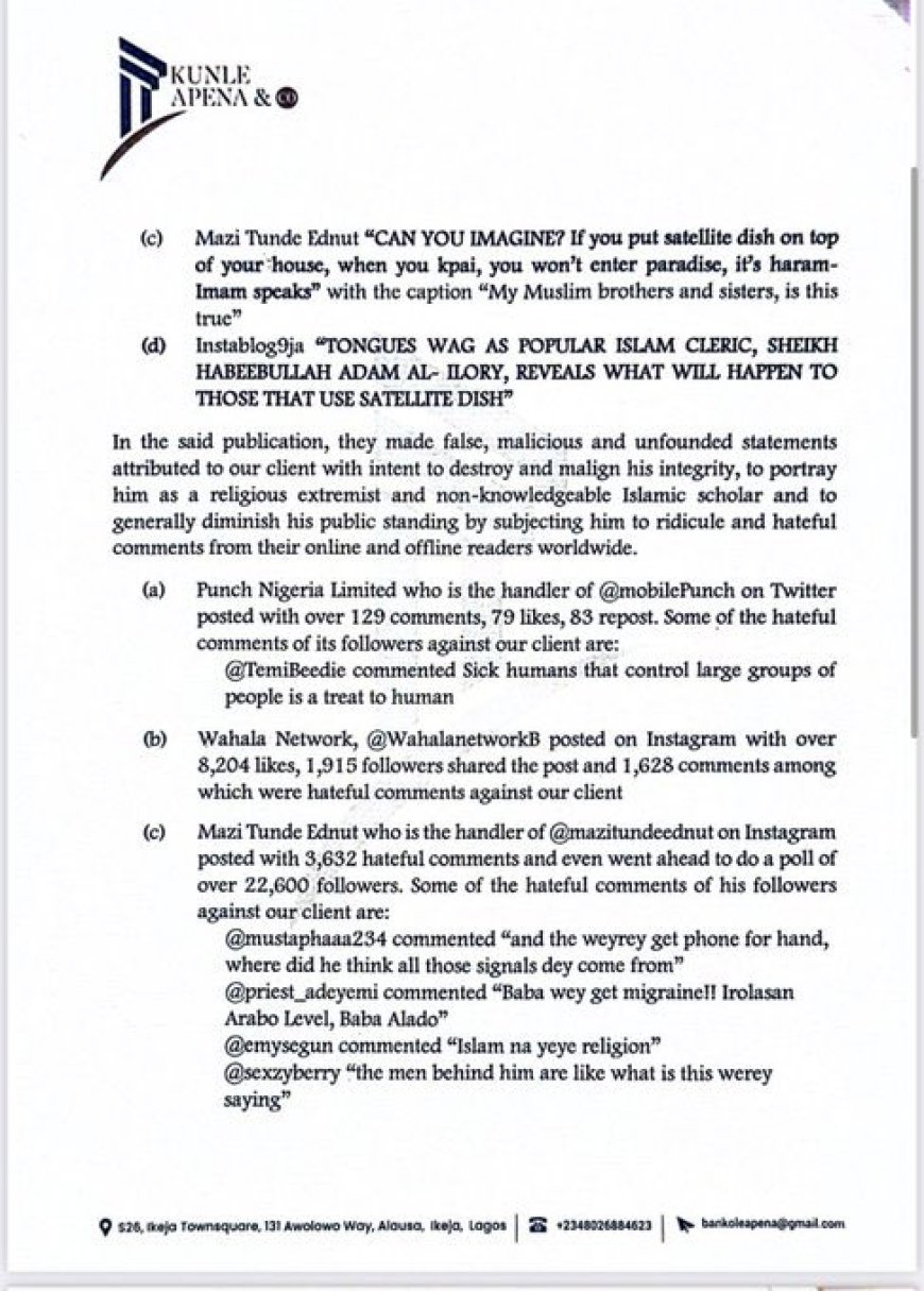 Sheikh Habeebullah Adam Al-Ilory's Lawyers Petition IG Over Defamation by Instablog Naija, Tunde Ednut, and Other