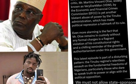 Atiku Abubakar Condemns Detention of VeryDarkMan, Accuses Tinubu Govt of Repression