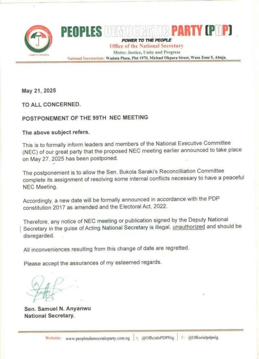PDP Postpones NEC Meeting