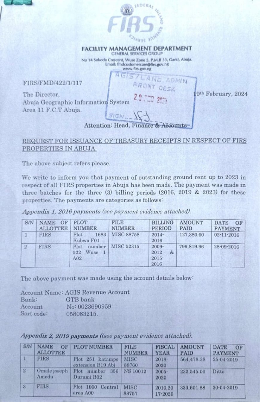 FIRS Refutes FCTA’s Allegation of Ground Rent Arrears, Provides Proof of Payments Through 2023