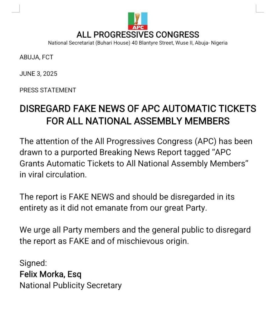APC Denies Reports of Automatic Ticket Allocation for National Assembly Members