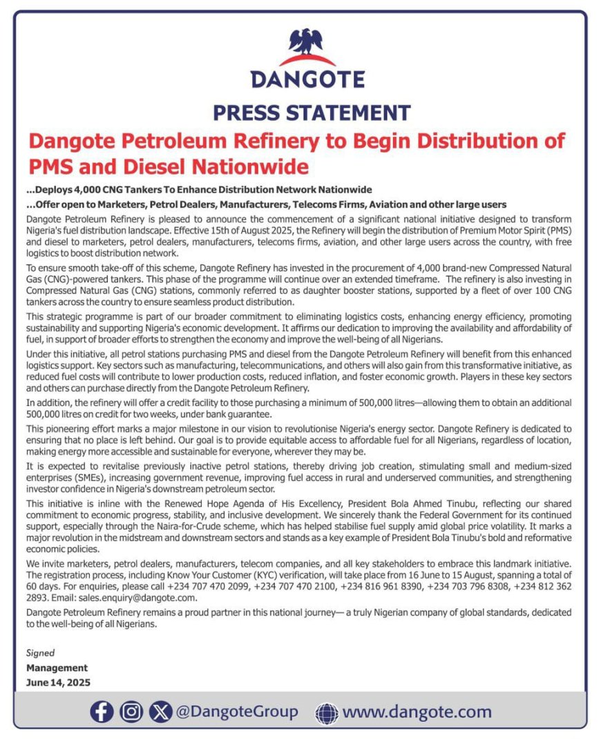Dangote Refinery Gears Up for Nationwide Distribution of PMS and Diesel from August 15, Boosts Operations with 4,000 CNG Tanker