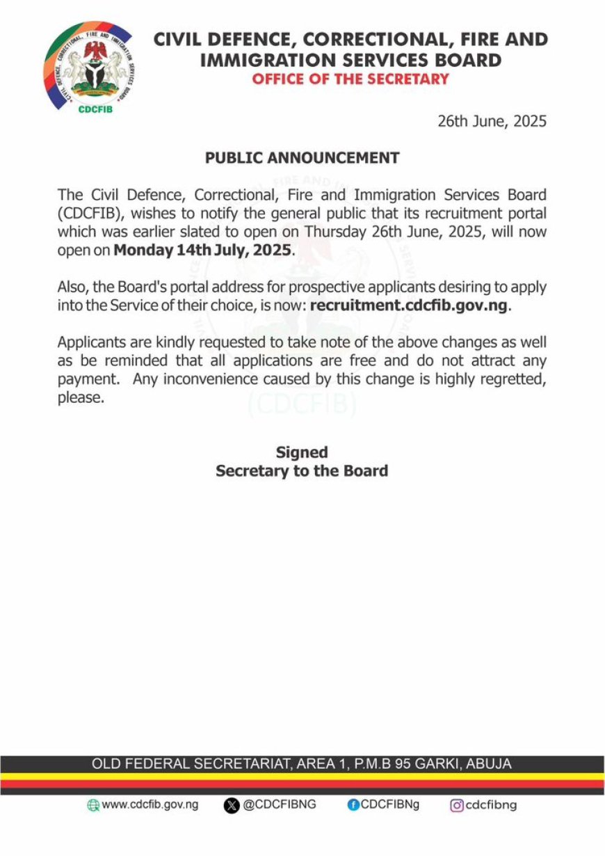 CDCFIB Shifts Recruitment Portal Opening to July 14, 2025