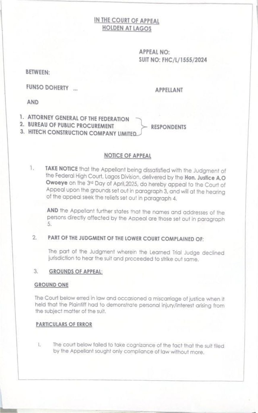 Funso Doherty Appeals Court Decision on N15 Trillion Lagos-Calabar Coastal Highway Project