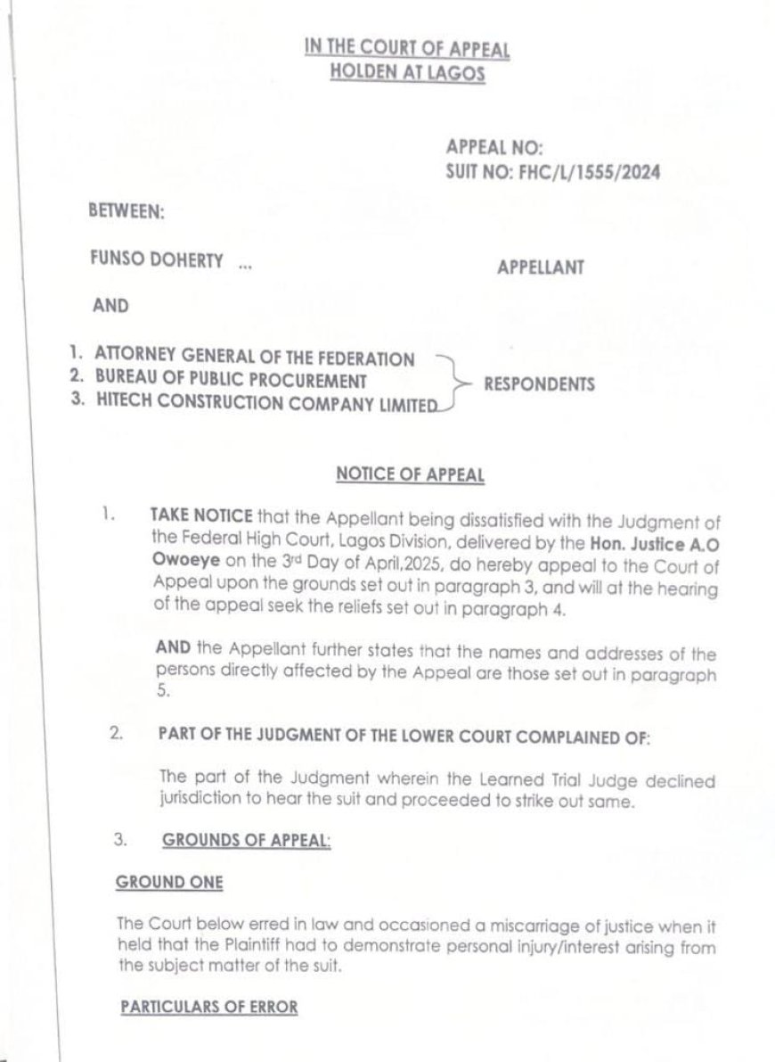 Funso Doherty Appeals Court Decision on N15 Trillion Lagos-Calabar Coastal Highway Project