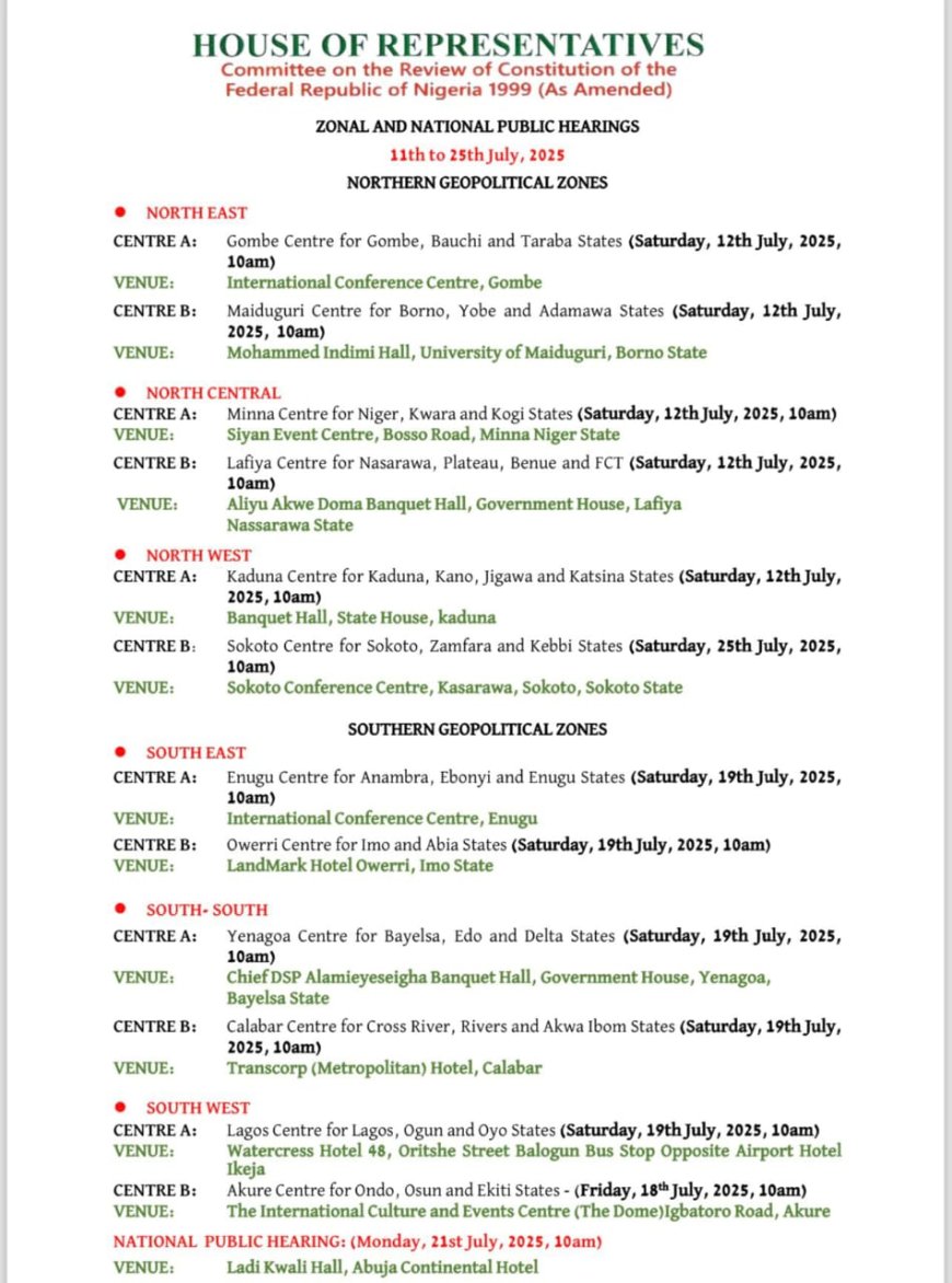 House of Representatives Announces Zonal and National Public Hearings for 2025 Constitution Review