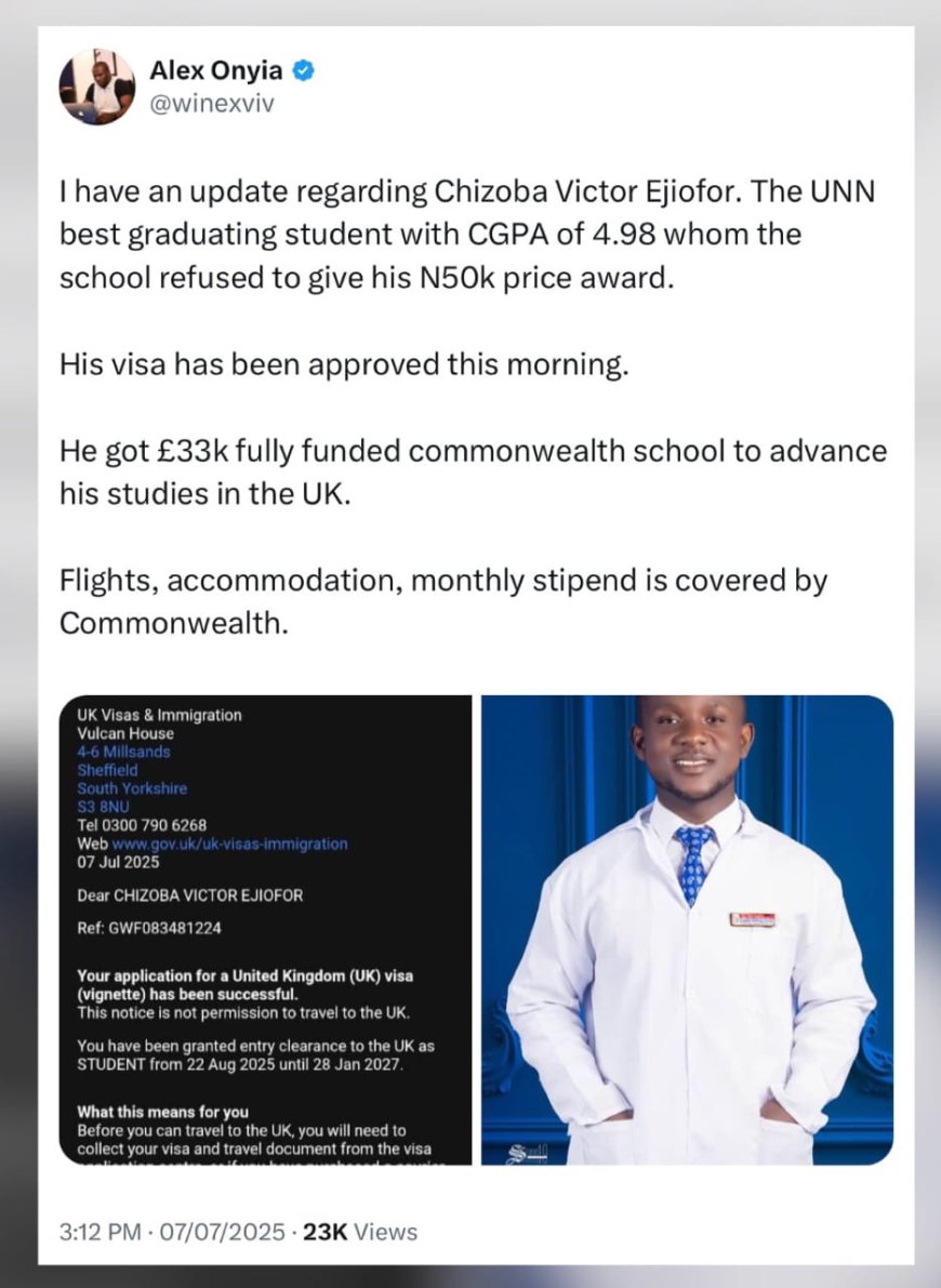 UNN’s Best Graduate Lands Fully Funded UK Scholarship After Being Denied ₦50k School Prize