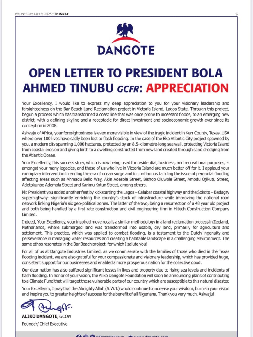 Dangote Commends President Tinubu for Vision Behind Eko Atlantic, Pledges Climate Support