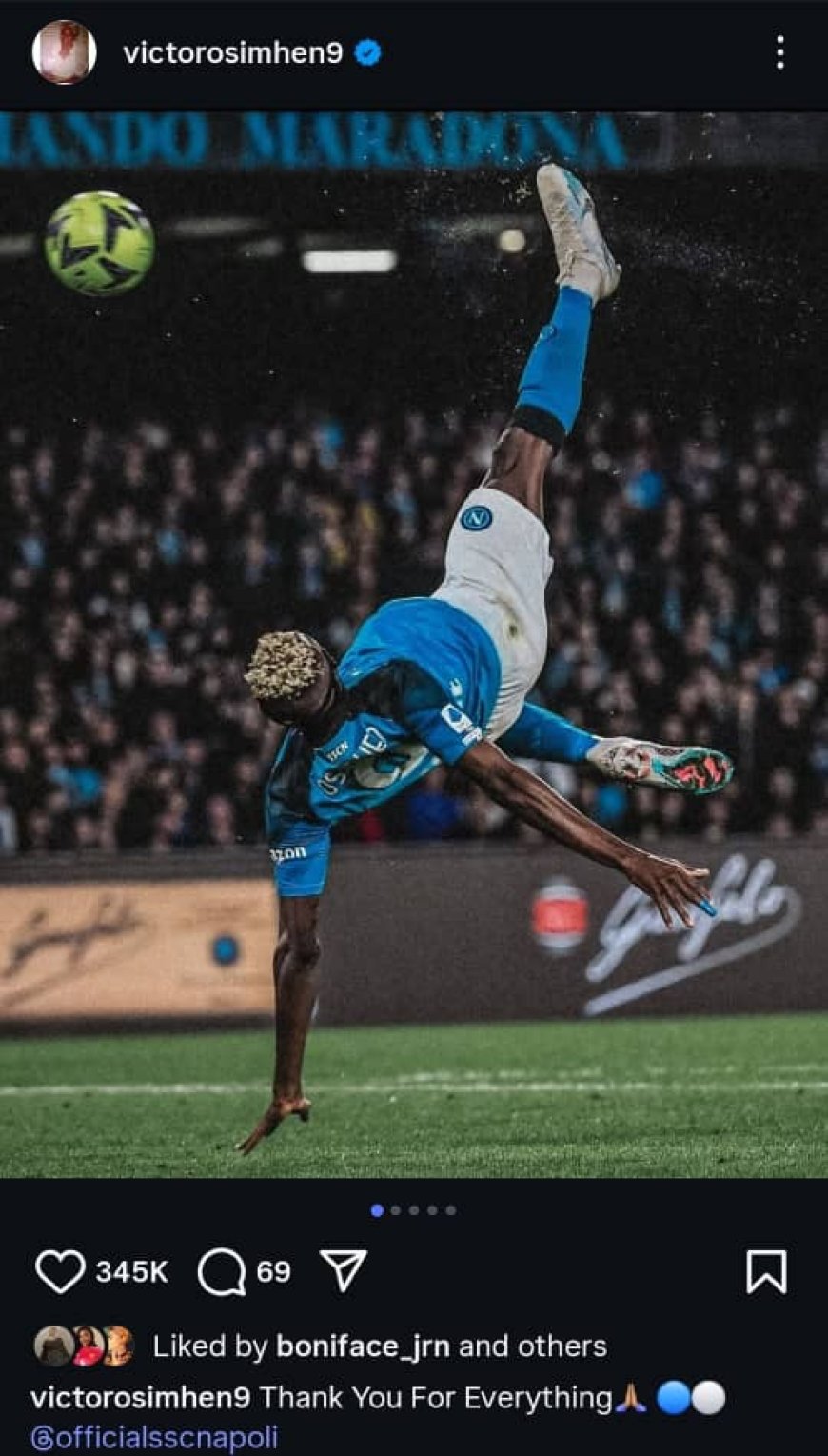 Super Eagles striker Victor Osimhen has expressed his gratitude to Napoli in a message shared on his Instagram page.