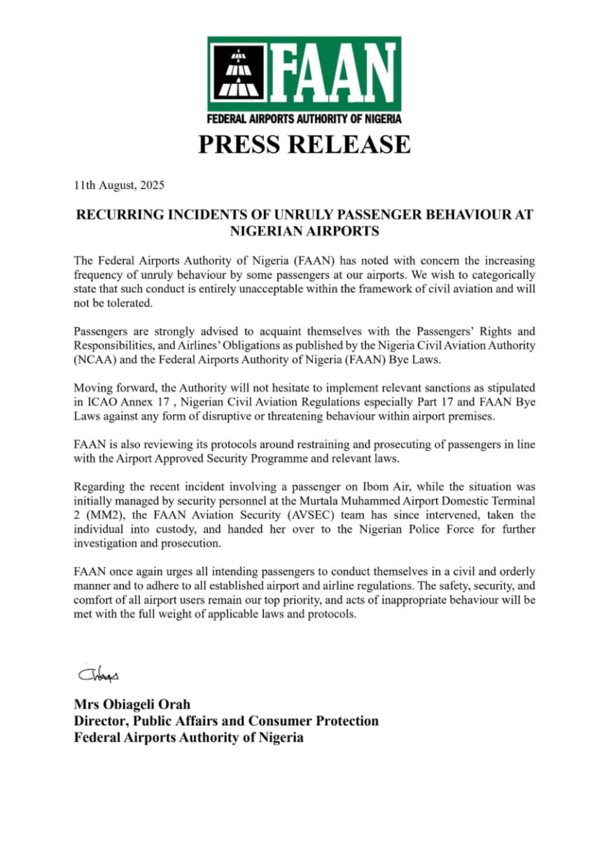 FAAN Raises Alarm Over Rising Cases of Unruly Passenger Conduct at Nigerian Airports