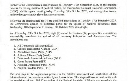 INEC has advanced 8 political associations seeking registration as new political parties in Nigeria