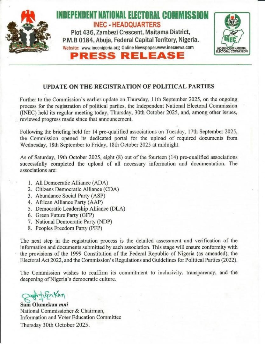 INEC has advanced 8 political associations seeking registration as new political parties in Nigeria