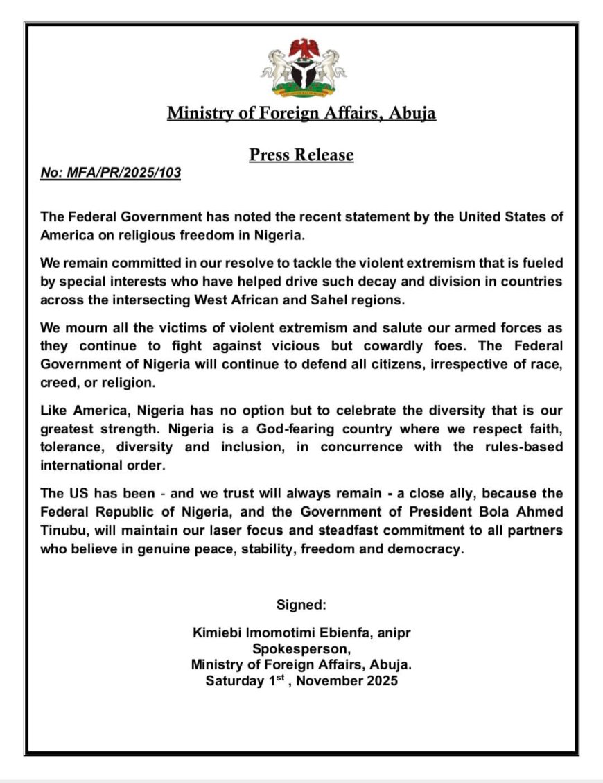 Federal Government Responds to Nigeria’s Redesignation as Country of Particular Concern by U.S.