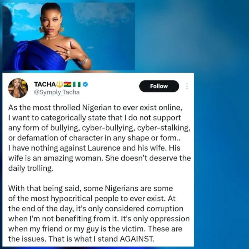 Reality TV star and media personality Tacha has addressed the ongoing online uproar surrounding cyberbullying and arrests, particularly in the case involving content creator Lawrence Alabi