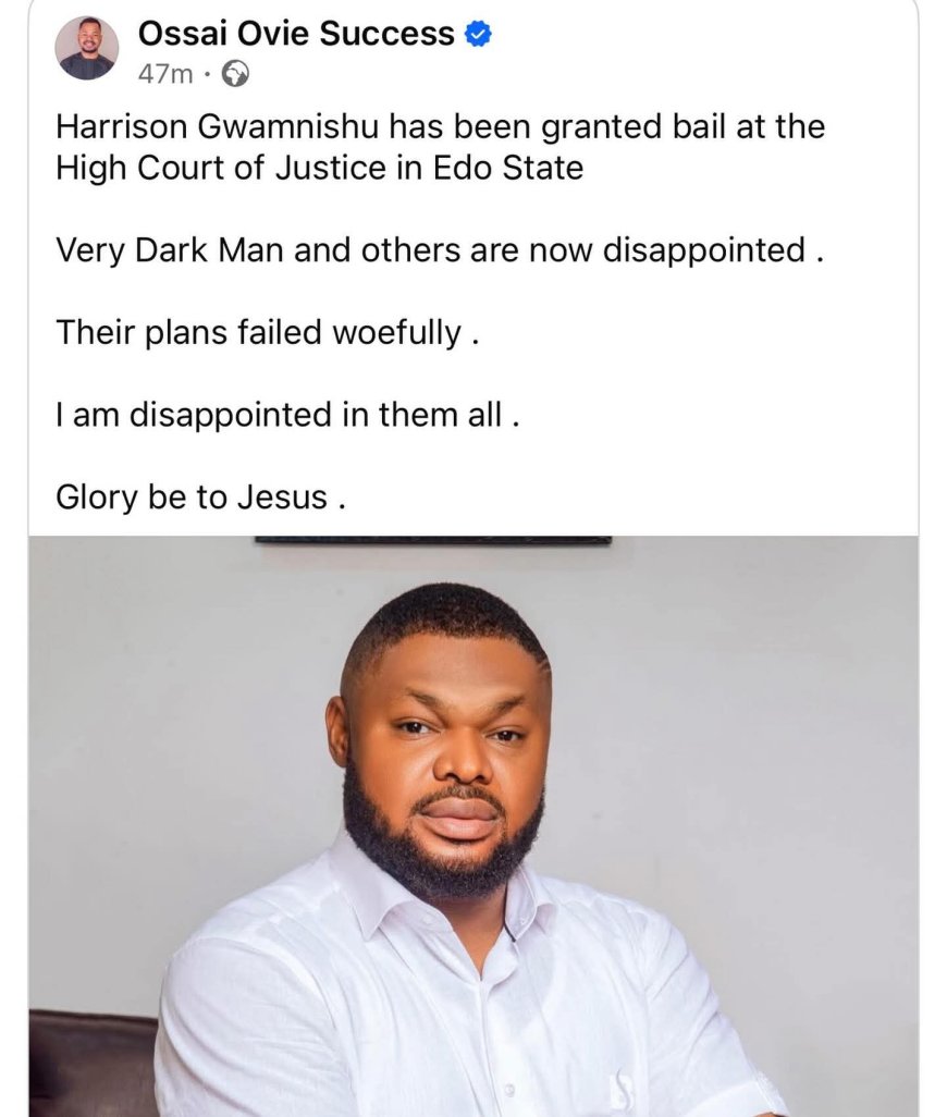 An Edo State court has granted bail to activist Harrison Gwamnishu, allowing him temporary freedom pending further legal proceedings