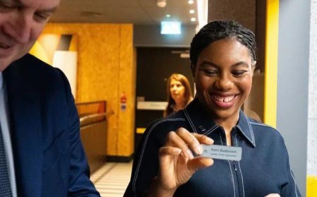 Conservative Party leader, Kemi Badenoch, joins staff for a morning shift at McDonald’s, posing for a selfie during her visit to the Ruislip outlet in west London