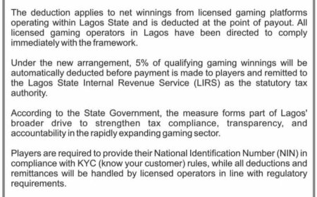 The Lagos State Government has implemented a 5% tax deduction on all sports bets winnings