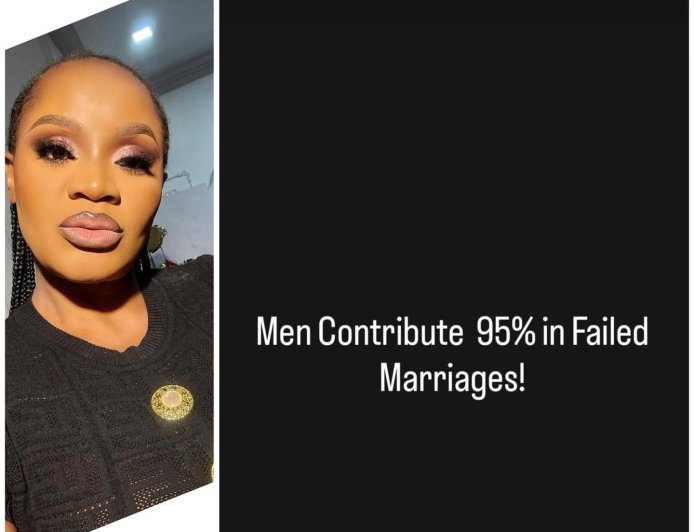 Nollywood actress uche ogbodo said that men are the ones who contributed 95% to all the failed marriages and women just 5%.