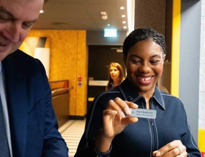 Conservative Party leader, Kemi Badenoch, joins staff for a morning shift at McDonald’s, posing for a selfie during her visit to the Ruislip outlet in west London