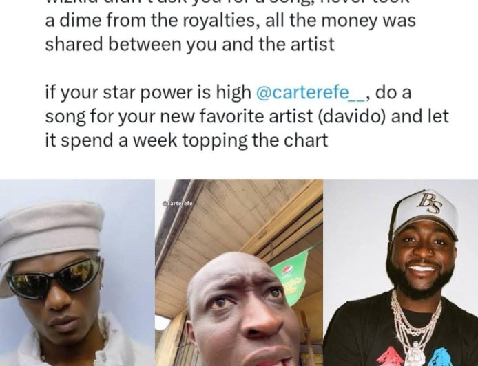 Man challenges skit maker, Carter efe, to drop a song for his new fave, Davido and see if the song will top chat in Nigeria like MACHALA did