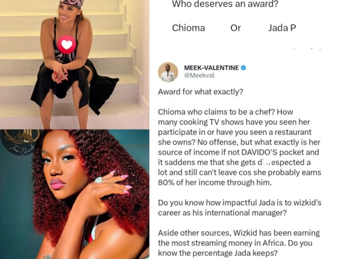 What exactly is her source of income if not Davido’s pocket”   —man replies a post asking who deserves an award between Davido’s wife,  chioma, and wizkid’s baby mama, Jada p