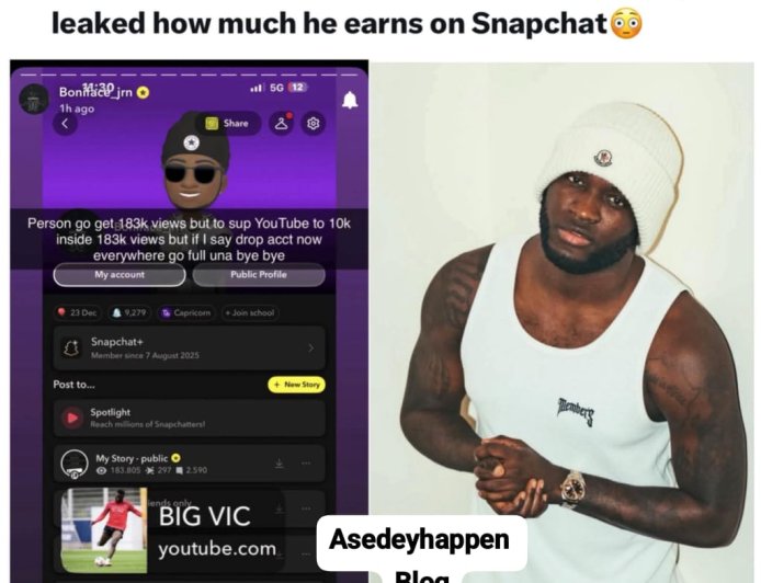 Nigerian footballer Victor Boniface has sparked reactions online after reportedly sharing a screenshot that revealed how much he earns on Snapchat