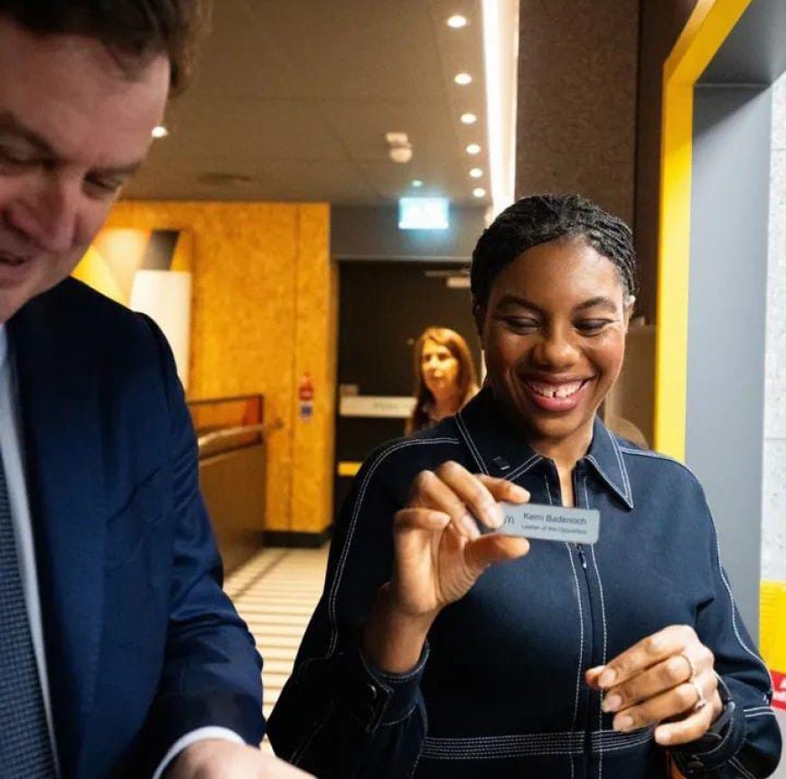 Conservative Party leader, Kemi Badenoch, joins staff for a morning shift at McDonald’s, posing for a selfie during her visit to the Ruislip outlet in west London