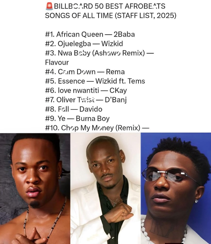 African Queen” by 2Baba claims No.1 with Wizkid’s “Ojuelegba” right behiñd on Bill0oard’s 50 Best Afrobeats Songs of All Time (2025 Staff List)