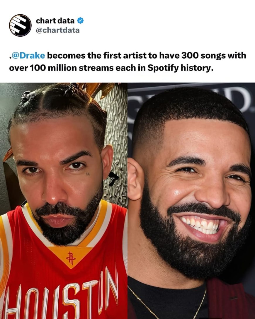 Drake has achieved a new milestone on Spotify, becoming the first artist to have 300 different songs each surpass 100 million streams on the platform