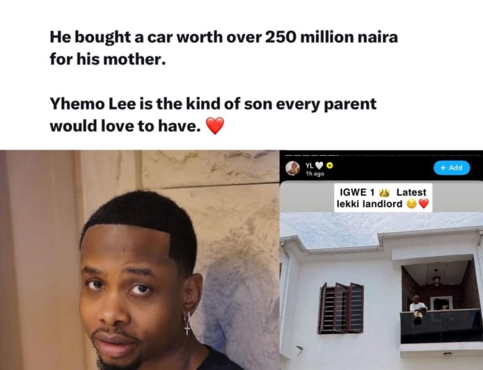 A Twitter user has sparked curiosity online after questioning the source of Yhemolee’s wealth following his generous gifts, a car and a house for his parents.  The conversation is now trending