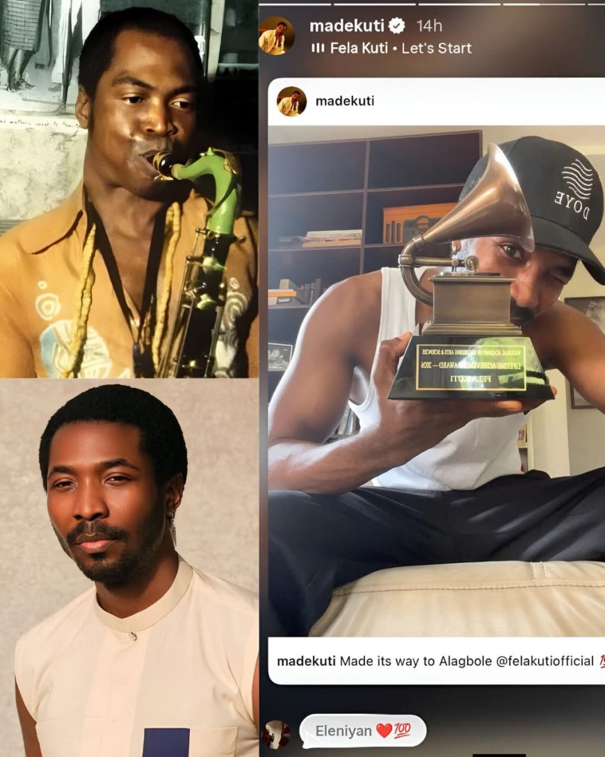 Made Kuti proudly holds Fela Kuti’s #GRAMMYs Lifetime Achievement Award as it finally returns home to Alagbole.