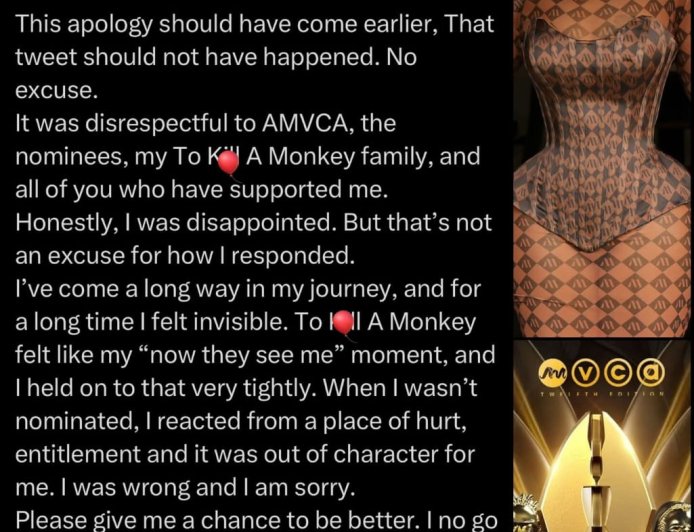 Lillian Afegbai “Idia” from To Kill a monkey has apologised to the AMVCA for her earlier outburst for not being nominated this yea