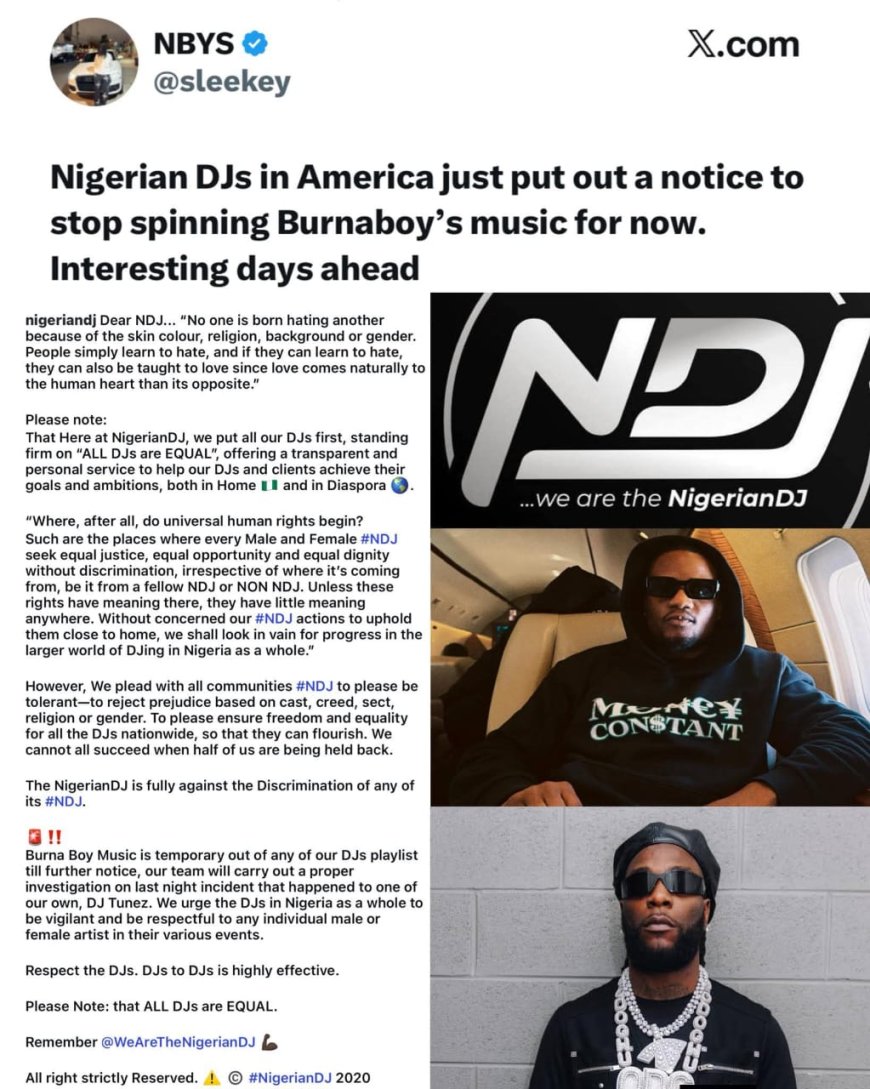 NigerianDJ Condemns Discrimination, Calls for Equality Among DJs, Suspends Burna Boy Songs from Playlists
